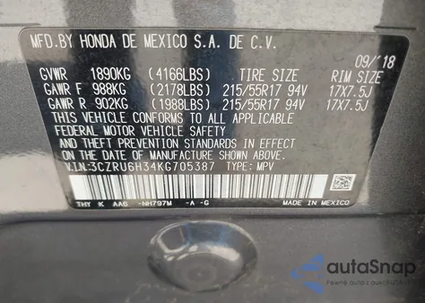 2019 Honda Hr-V Lx z USA, uszkodzony, nr VIN 3CZRU6H34KG705387